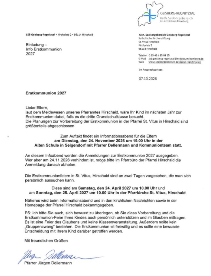 Erstkommunion Anschreiben 2027