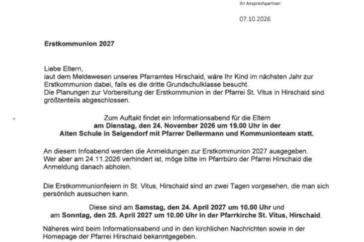 Erstkommunion Anschreiben 2027
