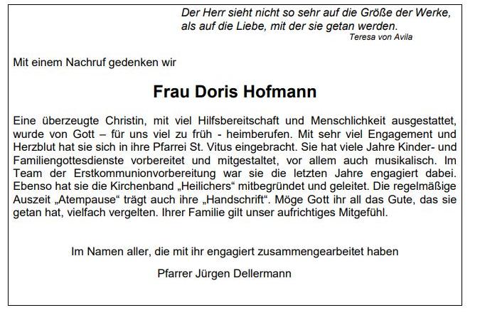 Nachruf Doris Hofmann