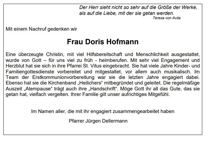Nachruf Doris Hofmann