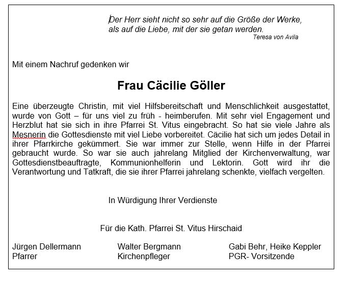 Trauer um Cäcilie Göller