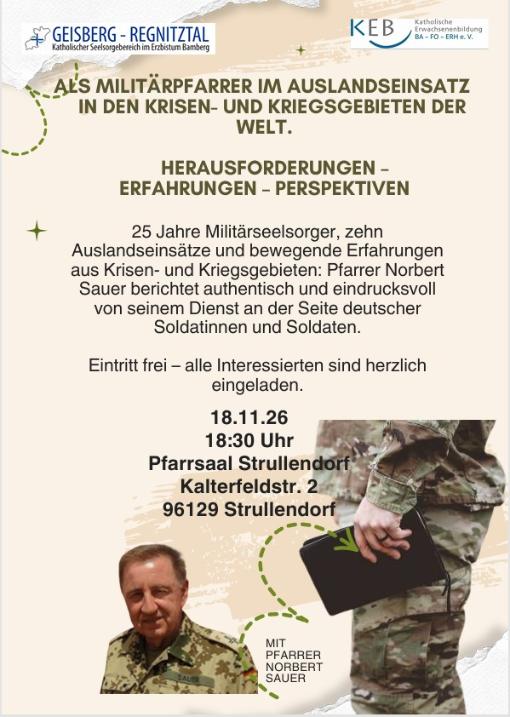 Einladung Vortrag Millitärpfarrer Sauer für Strullendorf
